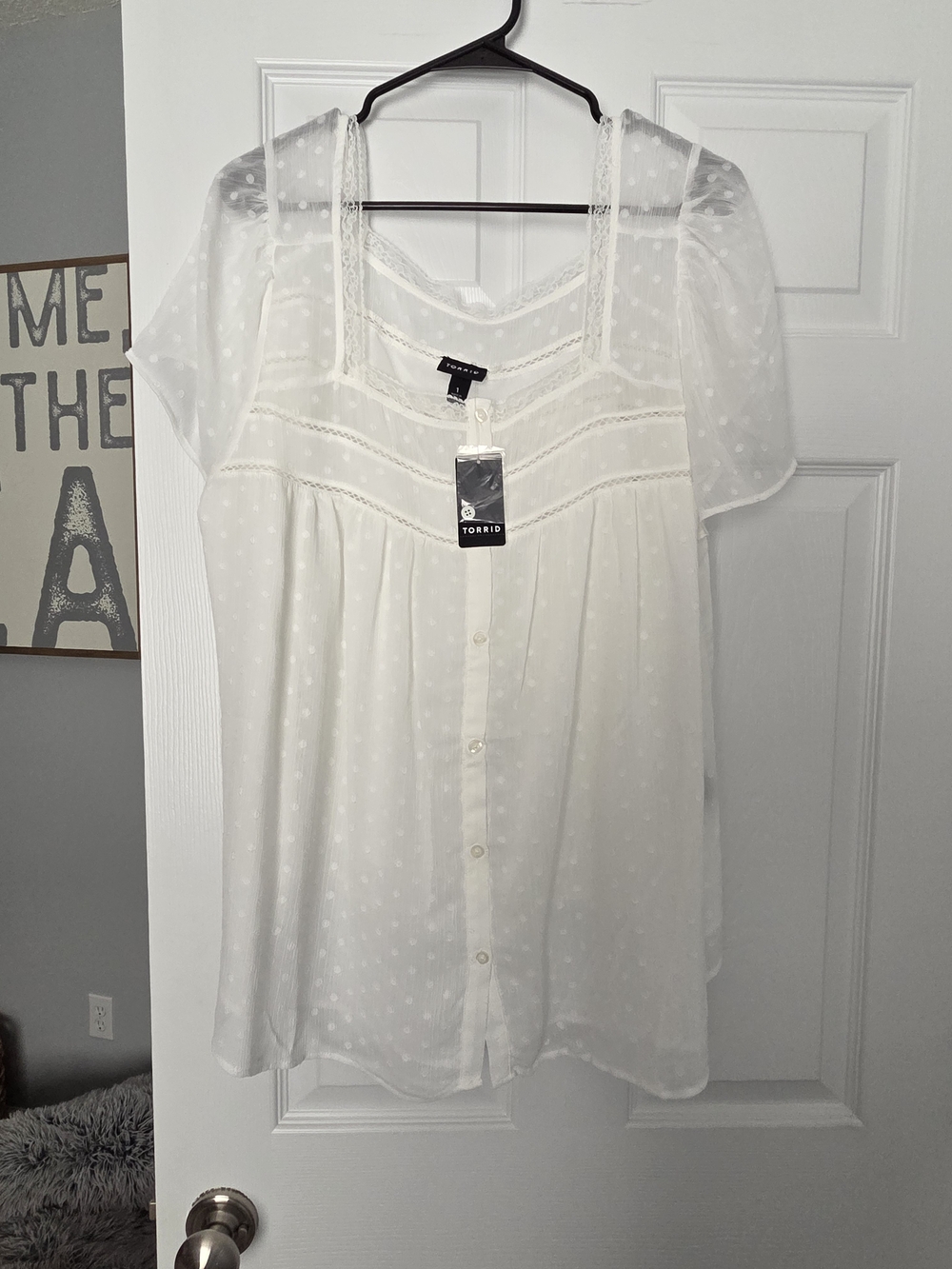 torrid White Swiss Dot Lace-Trim Button Front Blouse
